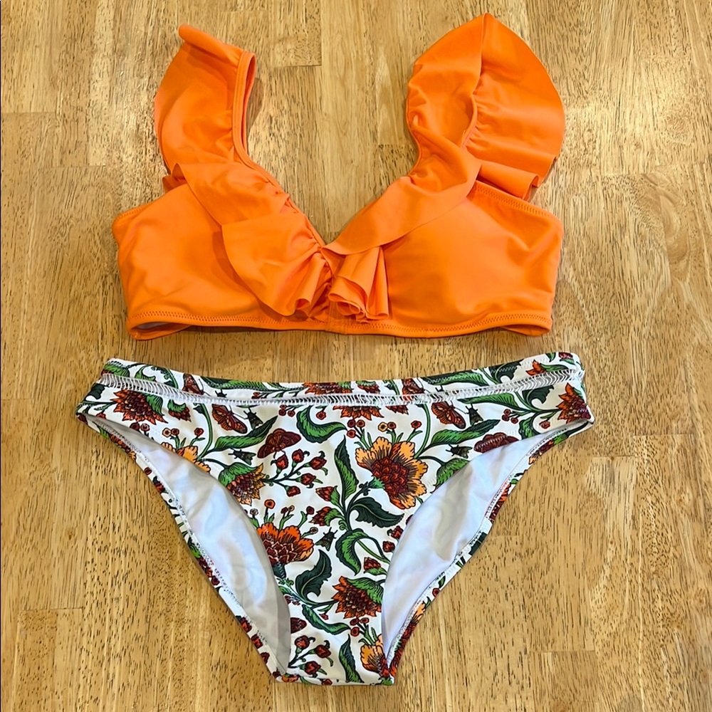 Orange Ruffle Bikini Top with Floral Bottoms - Size L